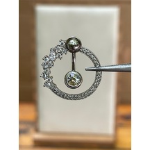 316 L Cerrahi Çelik Pırlanta Modeli Zirkon Taşlı Göbek Piercingi Gümüş