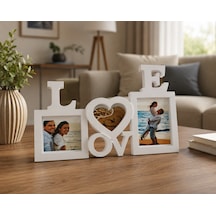Love Ahşap Fotoğraf Çerçevesi 3 Fotoğraflı Dekoratif Masaüstü Çerçeve Kişiye Özel Hediye Beyaz