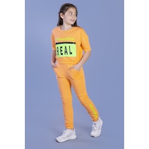 Toontoy Kız Çocuk Crop Model Cep Detaylı Baskılı Eşofman Takımı Turuncu