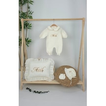Gros Shop Müslin Yeni Doğan 4katlı Organik %100pamuk Kişiye Özgü Nakışlı Hastane Çıkış Seti Papatya Model-3 Ekru-3