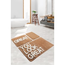 Great Bej 3 Lu Set Yıkanabilir Banyo Halısı Kahverengi