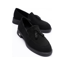 Kadın Süet Loafer Püsküllü Siyah Riva Siyah Süet