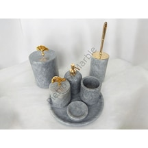 Gri Mermer Klasik Model 7 Parça Gold Renk Japon Gülü Aksesuarlı Banyo Seti Gri