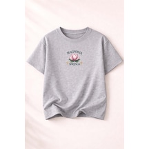 Herkesemoda Magnolia Springs Baskı Detaylı Kadın Bisiklet Yaka Pamuklu T-shirt Gri