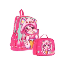 Kaukko Dondurma Yiyen Kedi Baskılı Kız Çocuk Okul Çantası Ve Thermo Beslenme Çantası Seti - Pembe L5250+l7250 Pembe