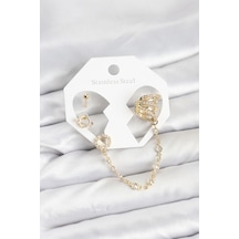 Uzay Model Pirinç Gold Renk Zincir Bağlantılı Ear Cuff Küpe Seti Çok Renkli