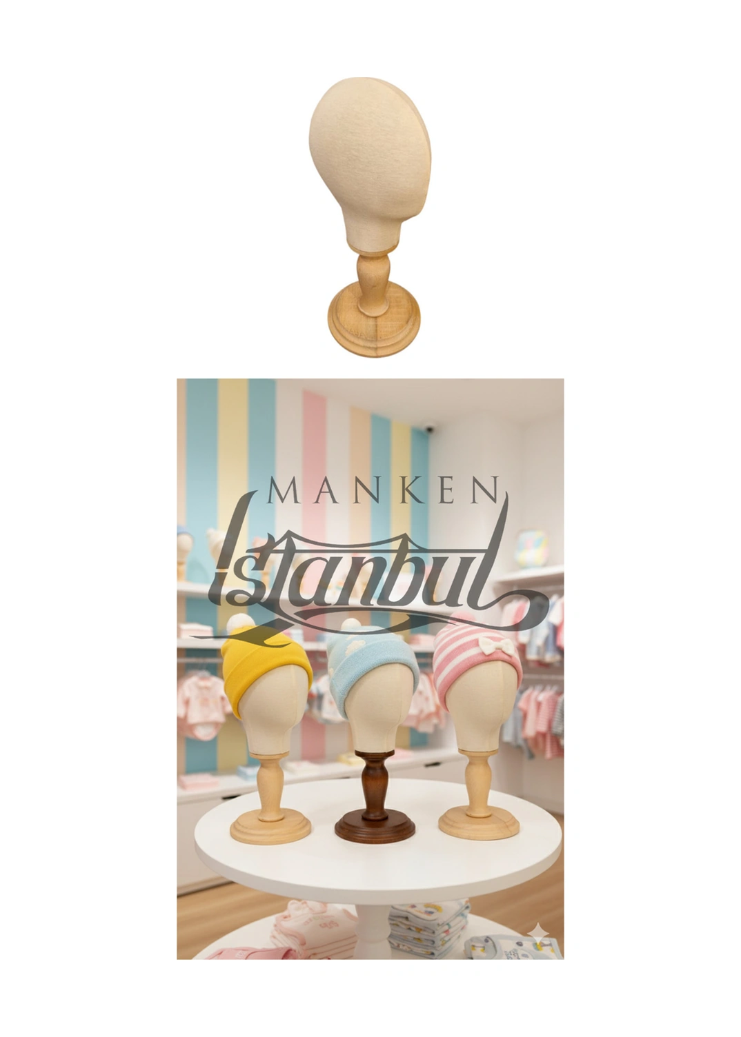Ahşap Standlı Bebek Kafa Mankeni Bebek Şapka Mankeni Bebek Bere Mankeni 06 Ay 12 Ay Için Uygundur 0014