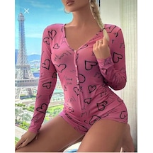 Red Womans Pamuklu Pembe Siyah Kalp Desenli Düğmeli Uzun Kol Tulum Pijama