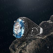 Takılingo 925 Ayar Gümüş Akuamarin Taşlı Siyah Rodajlı Erkek Yüzük Gümüş