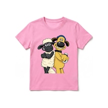 Urbantrendstore Koyun Shaunn Bitzer Baskılı Unisex Kız Çocuk Erkek Çocuk Bisiklet Yuvarlak Yaka Basic Kısa Kollu %100 Pamuk Tişört Pembe