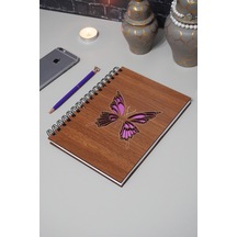 Kelebek Desenli Ahşap Defte Resim Defteri - Günlük - Çizgisiz Defter Ahşap Rengi Ceviz A5 Notebook