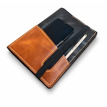 Bilikolik Hakiki Deri A5 Defter Kılıfı, El Yapımı, Telefon Cepli Ajanda Organizer, Defter Ve Kalem Dahil Koyu Kahve - Turuncu