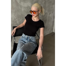 Siyah Geniş Yaka Fittili Basic Kadın T-shirt Mg2293 Siyah