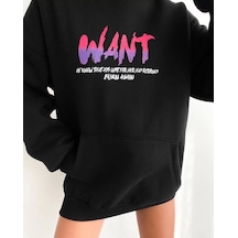 Velmora Fashion Kadın Oversize Kapüşonlu Cepli Want Baskılı 3 İplik Pamuklu Hoodie Sweatshirt - Siyah
