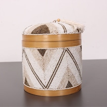 Bali Boncuklu Bambu Saklama Kutusu L 20x23 Cm Beyaz