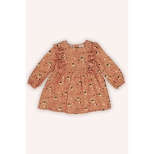 Kız Bebek Fırfır Detaylı Desenli Kiremit Elbise 5981644