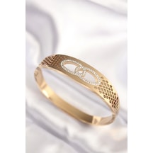 316l Çelik Gold Renk Zirkon Taşlı Kadın Kelepçe Bilezik Çok Renkli