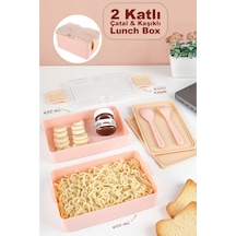2 Katlı Kilitli Beslenme Kabı - Kendinden Çatal Kaşıklı Lunch Box Beslenme Kutusu Saklama Kabı Pembe Pembe