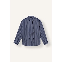Defacto Oversize Kravat Yaka Çizgili Poplin Uzun Kollu Gömlek I7958ax26aunv242 Lacivert-nv242