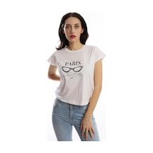 Kadın Paris Yazı Baskılı Crop Tişört Beyaz