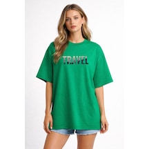 Unisex Travel Baskılı Oversize Tişört %100 Pamuk Bisiklet Yaka Günlük Streetwear T-shirt Benetton Yeşili