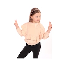 Toontoy Kız Çocuk Oversize Bisiklet Yaka Düşük Omuz Asimetrik Sweatshirt - Fırfır Detaylı & 2 İplik Bej