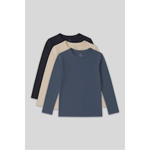 Standart Fit Basic O Yaka 3lü Paket Lacivert-bej-koyu Mavi Unisex Çocuk T-shirt - 11329 Lacivert - Beyaz
