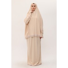 Bej İki Parça Namaz Elbisesi Pamuk Kumaş Dantelli 2205 12 Bej