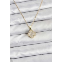 316l Çelik Zincir Gold Renk Zirkon Taşlı Yonca Model Kadın Kolye - Tj-bko10771
