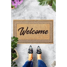 Theclouds Dijital Baskılı Welcome Yazılı Etnik Desen Çerçeveli Dekoratif Kapı Önü Paspası, Kahverengi Diğer