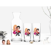 Kişiye Özel Renkli Baskılı Sevgililer Karikatürlü İkili Rakı Bardağı Ve Karaf Hediye Seti-9