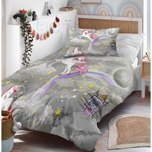 Sevimli Unicorn Gökkuşağı Şato Saray Desenli Tek Kişilik Bebek Çocuk Nevresim Takımı