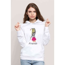 Friends Kalpli Kızlar Friends Baskılı Beyaz Kadın Kapşonlu Sweat