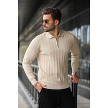 Madmext Taş Rengi Yarım Fermuarlı Polo Yaka Triko Kazak E7426 Taş Rengi