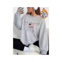 Herkesemoda Los Angeles Baskılı 2 İplik Şardonlu Bisiklet Yaka Sweatshirt Gri