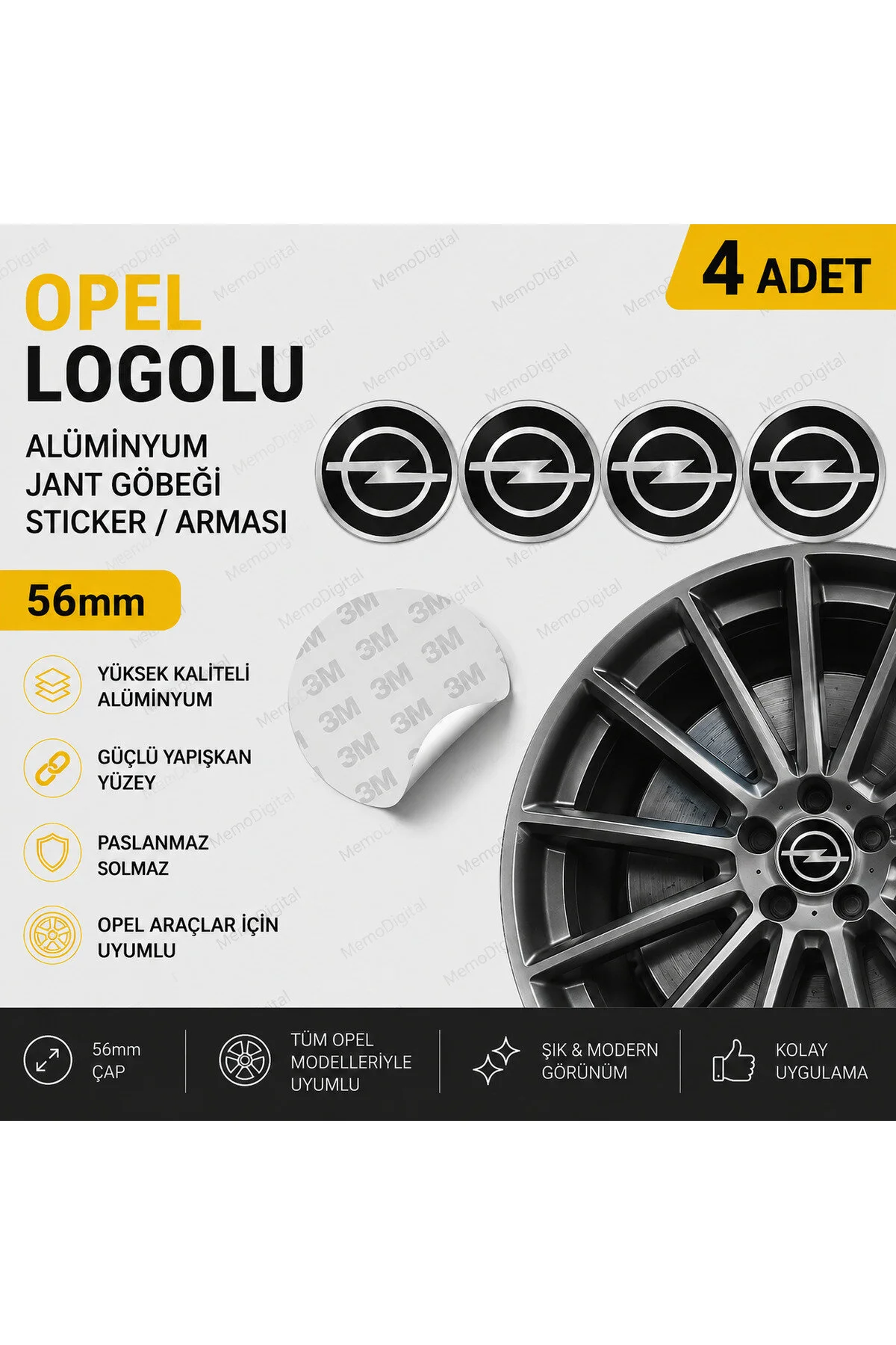 Opel Logolu Alüminyum Jant Göbeği Arması Sticker 56mm - 4 Adet