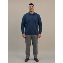 Maccali Erkek İndigo Büyük Beden Polo Yaka Battal Sweatshirt