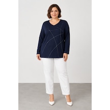 Bihan Store Kadın V Yaka Taş Detaylı Geometrik Desenli Uzun Kollu Bluz Y26-715-lacivert