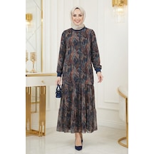 Hb Harma Time Butik Kadın Astarlı Şal Desen Lacivert Şifon Elbise