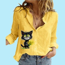 Kadın Moda Düğmeli Bluz Rahat İnce Uzun Kollu Üst Bayan Pamuklu Keten Baskılı Gömlek Sari