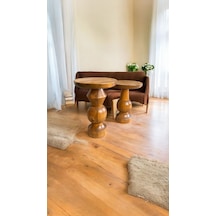 Simillo Wood Ahşap 2'li Set Mantar Yan Sehpa Modern Fiskos / Tik Ağacı Renk / Zigon Sehpa Vernikli Tik Ağacı