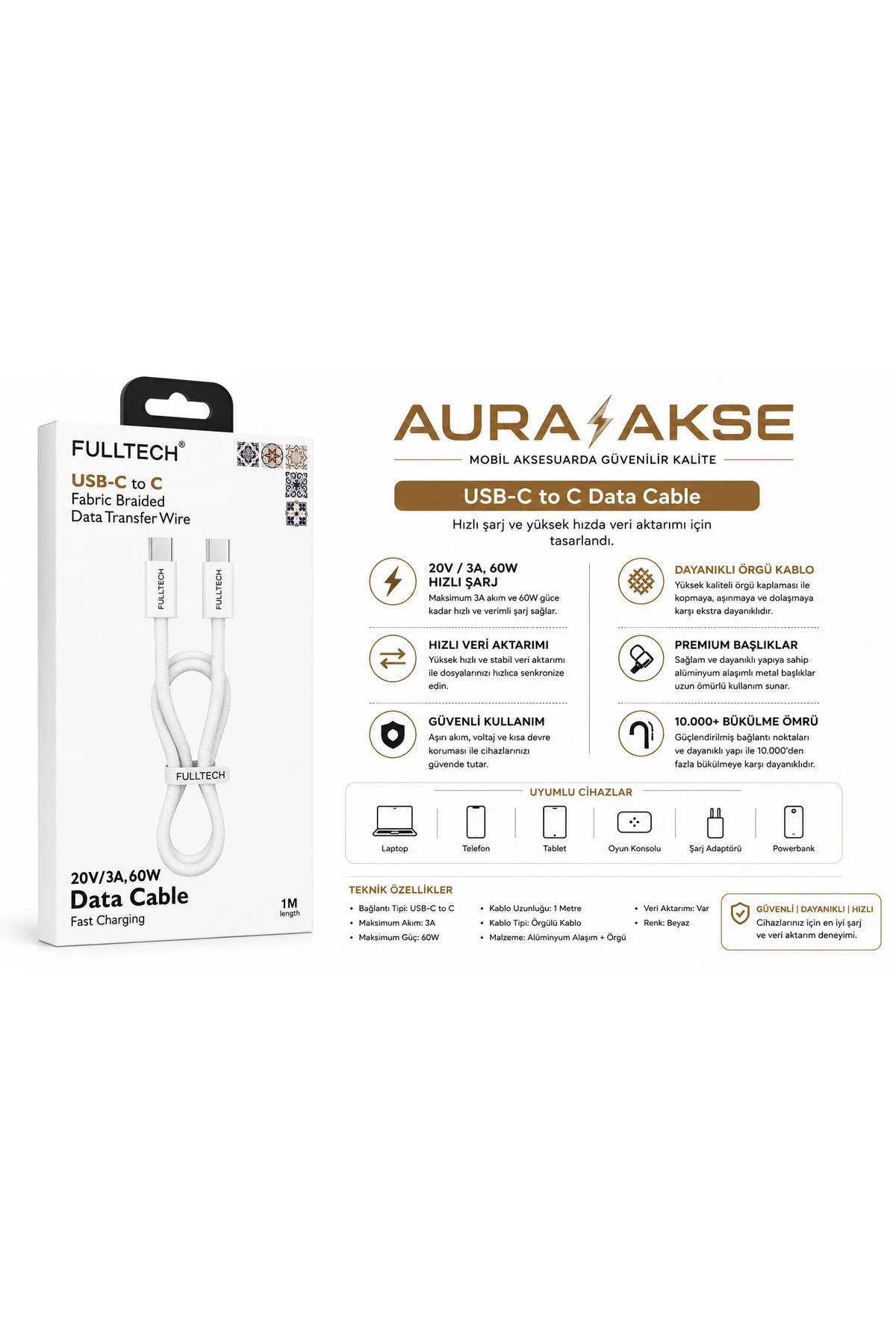 Aura Akse Type-c Den Type-c Şarj Kablosu 60w 1 Metre