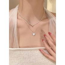 Lunarie Çift Sıra Katmanlı İnci Kalp Sarkıtlı 14k Gold Kolye Beyaz