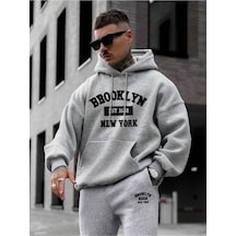 Siyah Brooklyn New York Baskılı Kapüşonlu Sweatshirt Ve Eşofman Altı Eşofman Takımı Gri