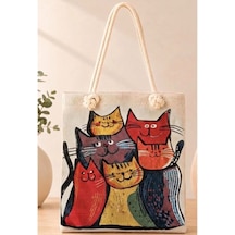 Genel Markalar Goblen Kadın Omuz Çantası+ Kedi Desen4 Krem.karışık Renkli Desenli