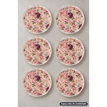 6'lı Cam Tatlı Tabağı - Pembe Gül Ve Çiçek Desenli 16 Cm - 6 Adet Pasta Tabak