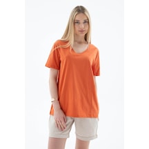 Fashion Friends V Yaka %100 Pamuklu Turuncu Kadın T-shirt 25y0248k1 Turuncu