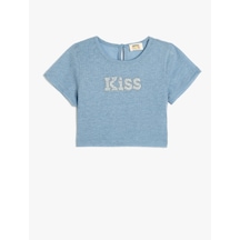 Koton Crop Bluz Kısa Kollu Yuvarlak Yaka Slogan Baskılı Pullu Payetli Mavi 4skg60085ak Mavi