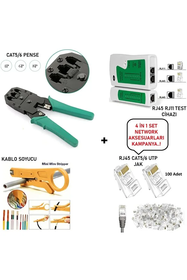 4'lü Set Rj45 Cat5/6 Jak Pensesi + Rj45/rj11 Test Cihazı + 100 Adet Cat5/6 Jak + Kablo Soyucu Seti Network Set