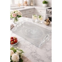 Makri Home 50x34 Cm Şeffaf Motifli Büyük Boy Plastik Kulplu Tepsi, Şık Kristal Sunum Tepsisi Şeffaf